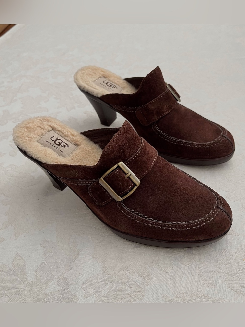 UGG Isabella brown suede buckle mules - 3.5 inch heel - size 8.5